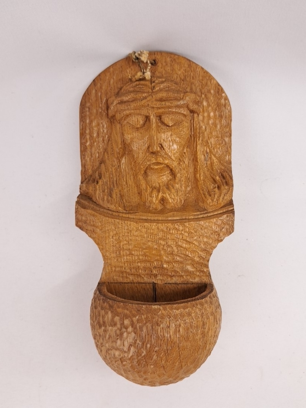 Hand-Carved Wooden Holy Water Font in Brown